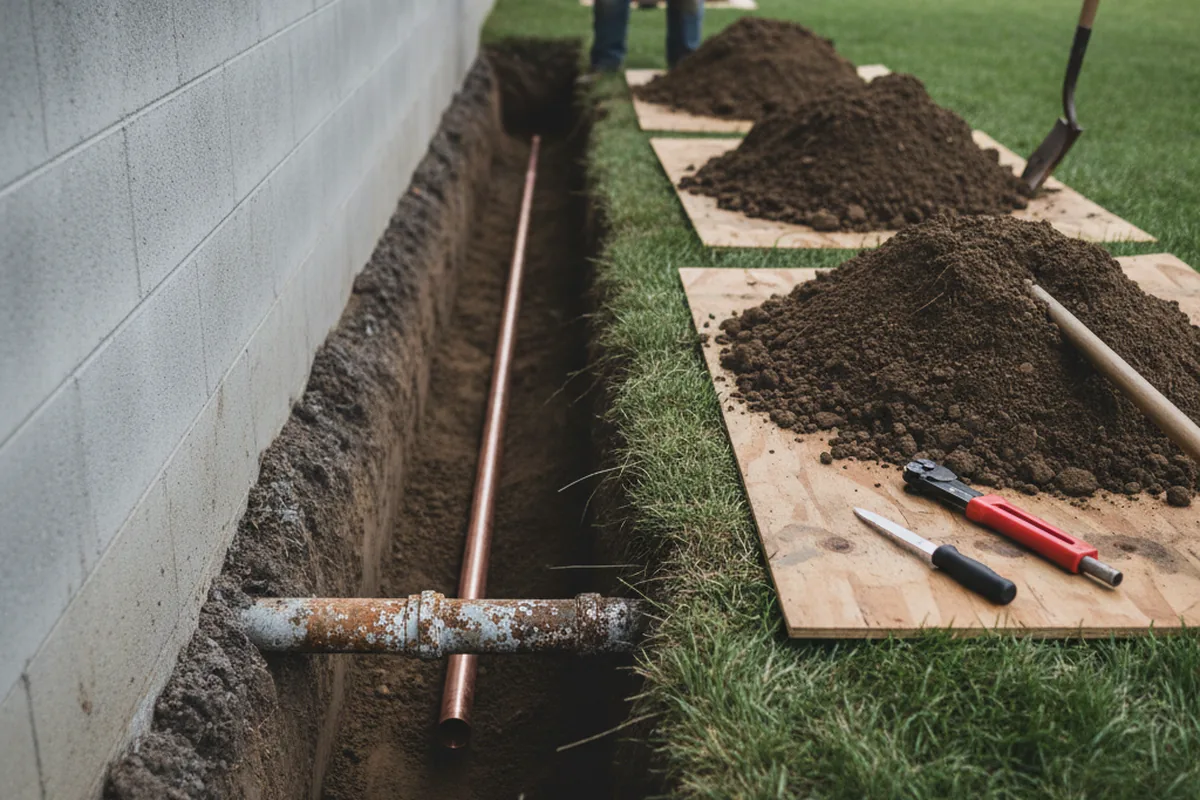 Excavated water line trench during Sewer Line Repair in Brook